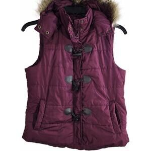 The Limited Women's Burgundy Puffer Vest with Removable Faux Fur Hood Size M